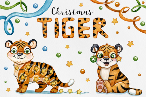 Download Watercolor Set Tiger Xmas Illustrations - Premium Resources